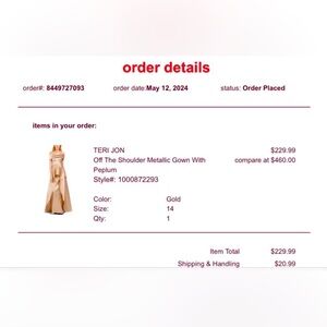 Teri Jon Gold Off The Shoulder Metallic Gown